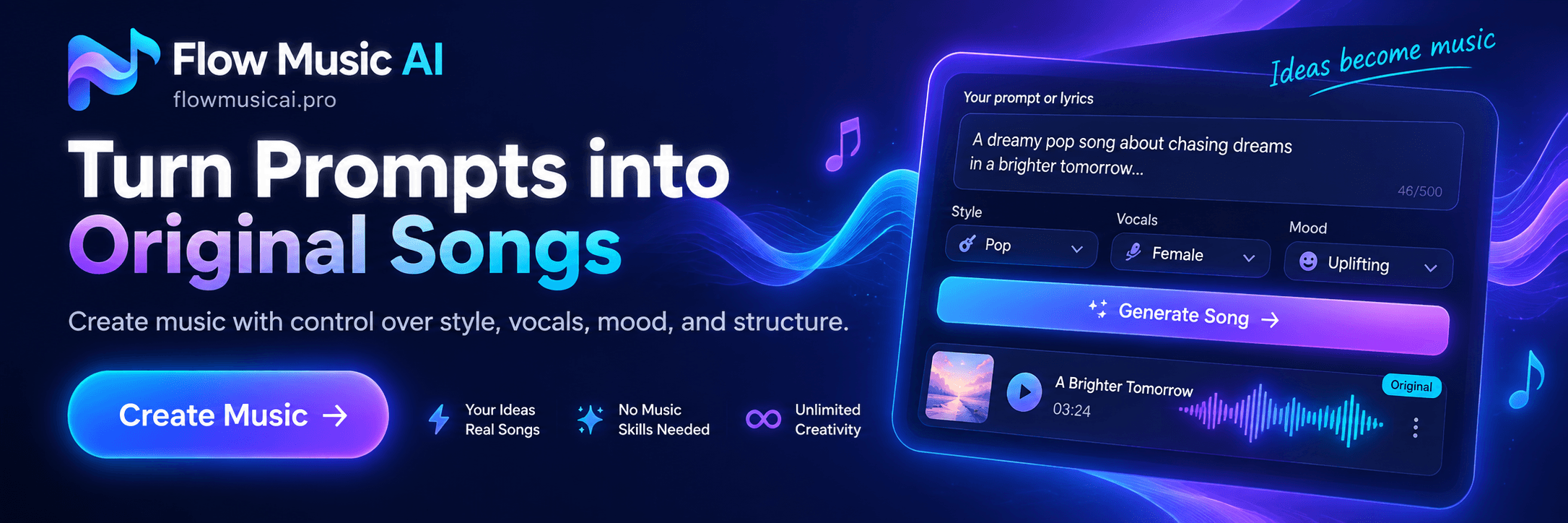 Flow Music AI — Turn prompts into original songs. Create music with control over style, vocals, mood, and structure.